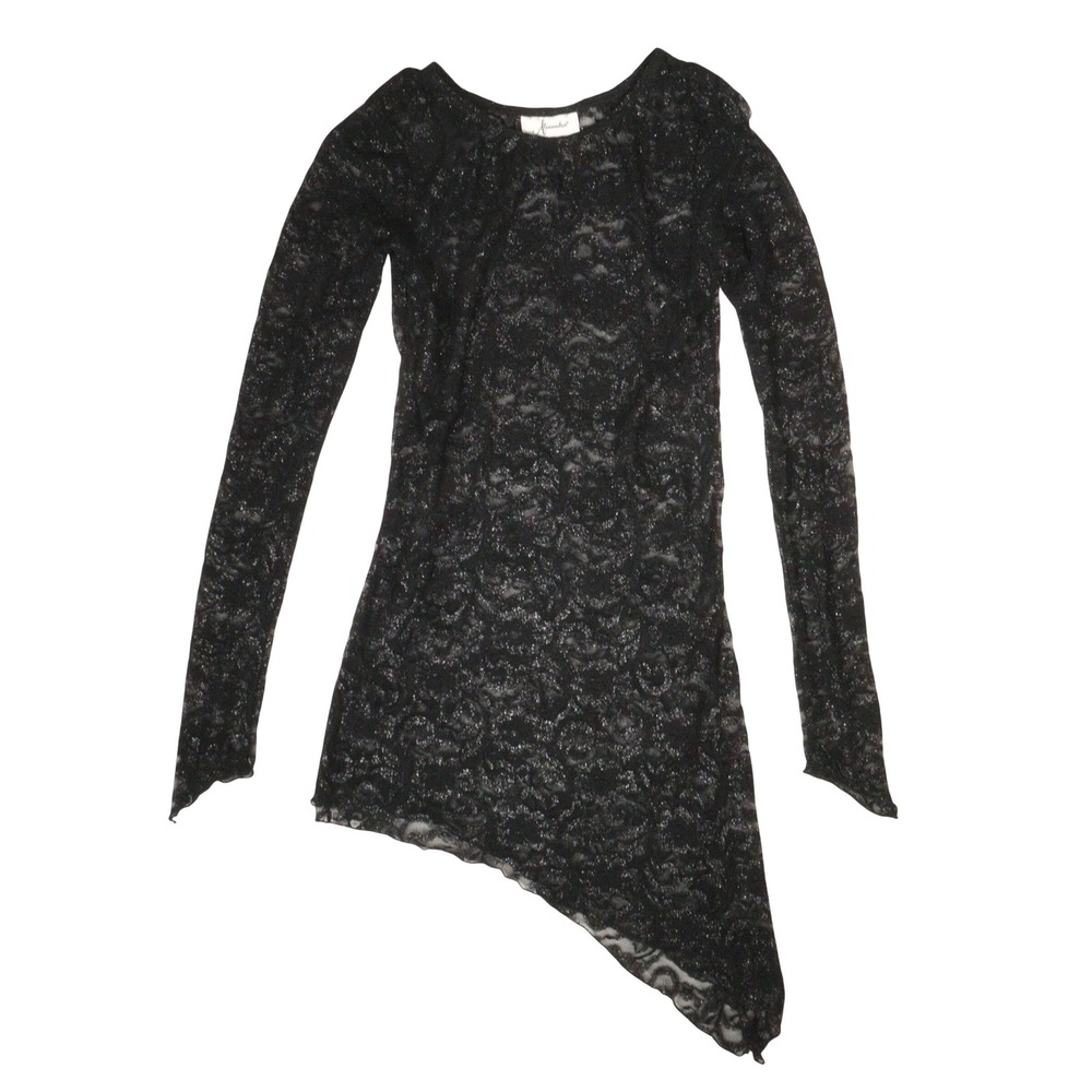 Vintage Gothic Asymmetrical Dress Sheer Lace Metallic Witchy Black Women M
